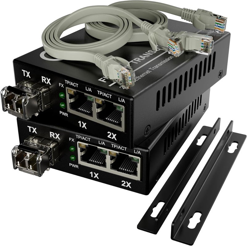 ADNET Dual RJ45 Ports – Pair of Fiber Media Converters, Gigabit Ethernet, MM LC 850nm SFP Included – Full Kit with Cables & Mounts – 10/100/1000Base-Tx to 1000Base-SX Multi-Mode Fiber, Up to 550m (1,800 ft) - Image 1